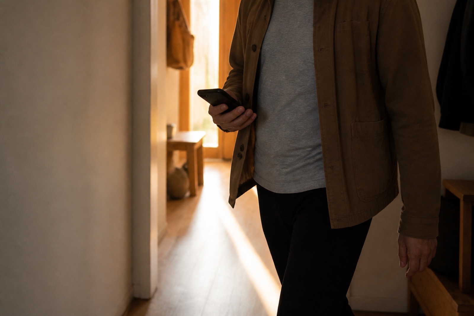 A phone held briefly while passing through a hallway in low evening sunlight