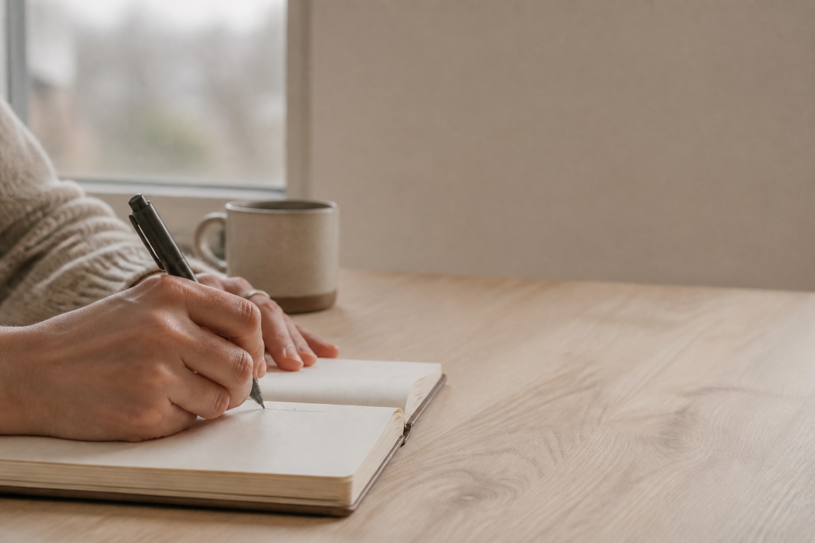 Hands picking up a pen again after a few missed days to write a single line