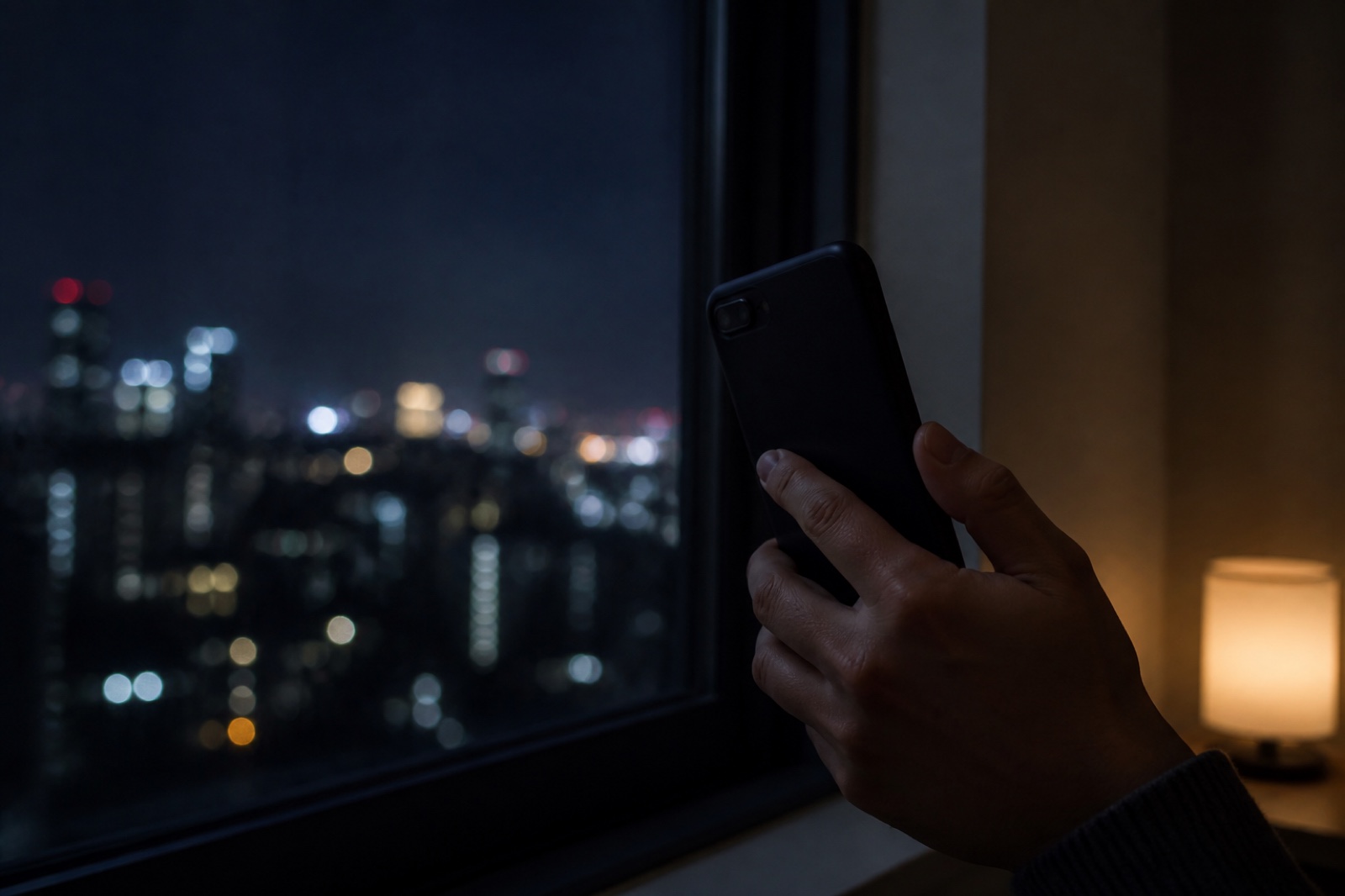 A phone held at a window at night, its screen turned away from view