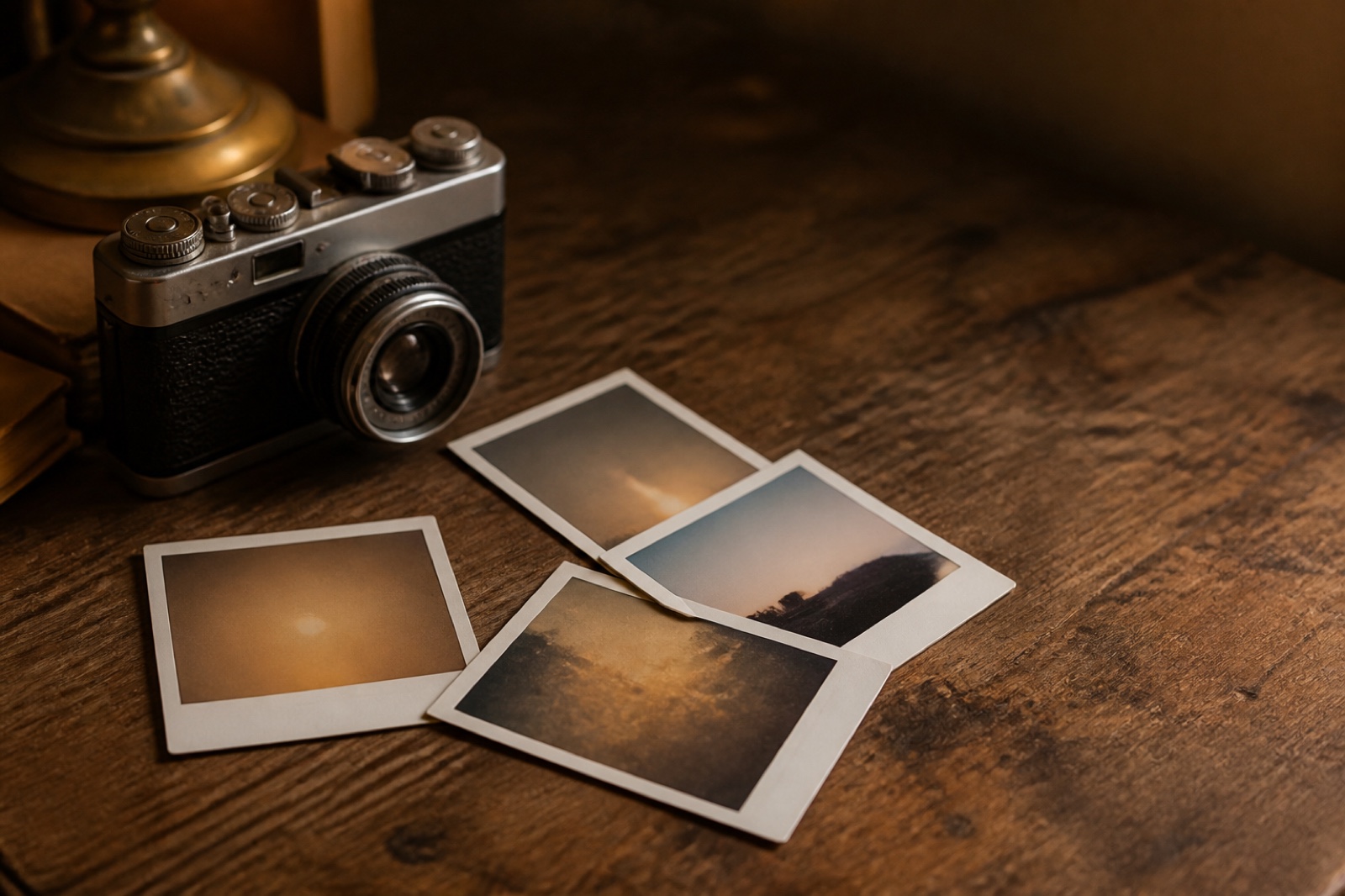 A film camera and a few instant prints on a worn wooden desk