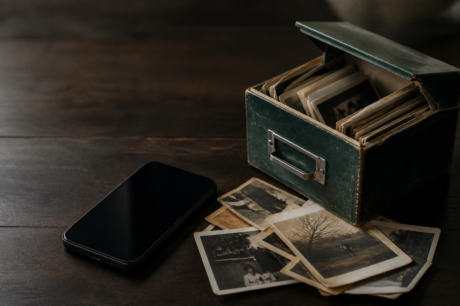A new phone beside a worn keepsake box of old photos